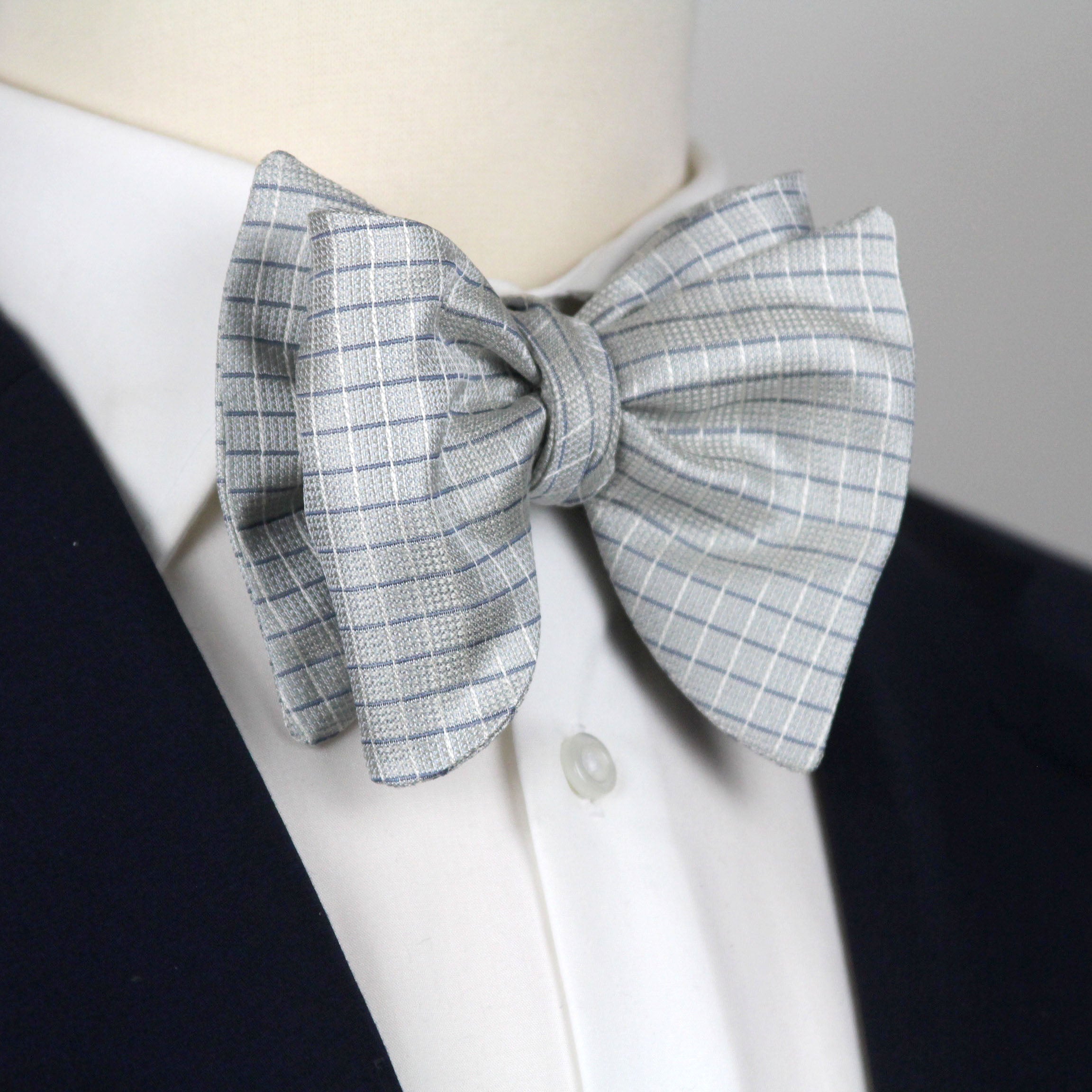 Blue Micro Plaid Silk Big Butterfly Bow tie