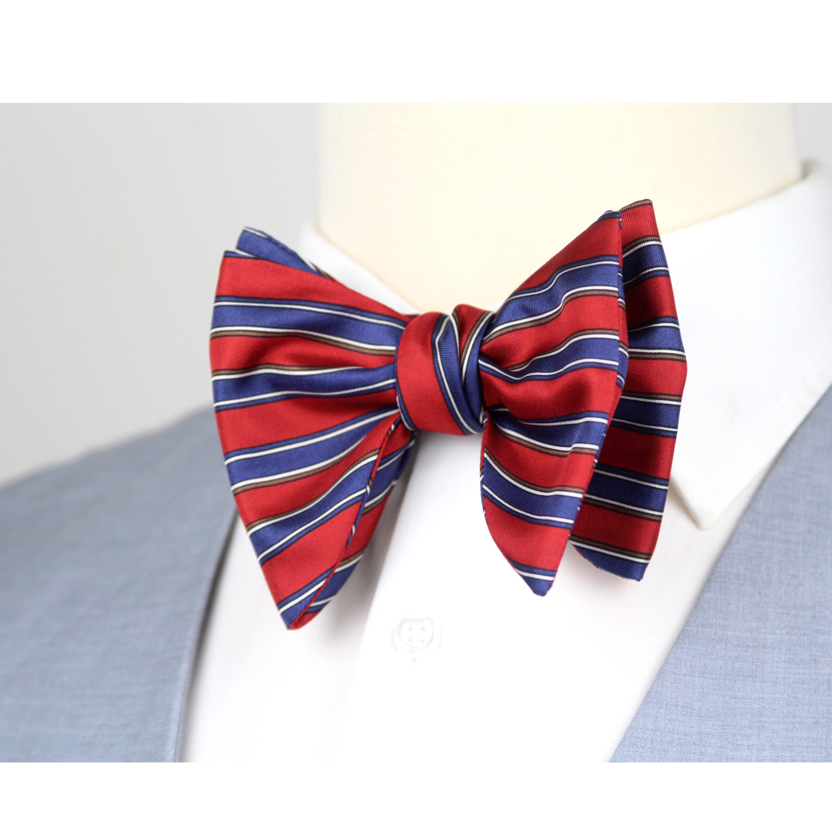 Men's Large Silk Bow Tie Red Blue Stripe