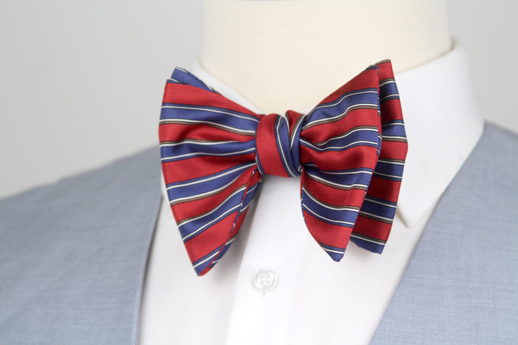 Men's Large Silk Bow Tie Red Blue Stripe
