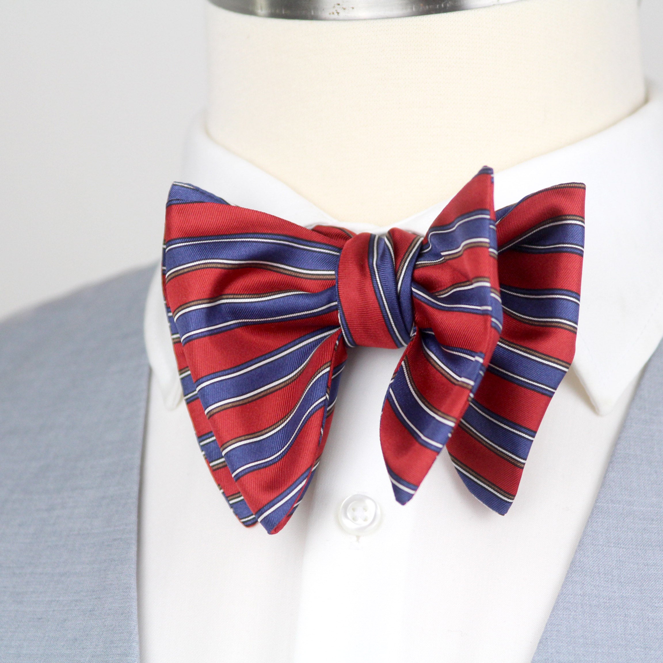Men's Large Silk Bow Tie Red Blue Stripe