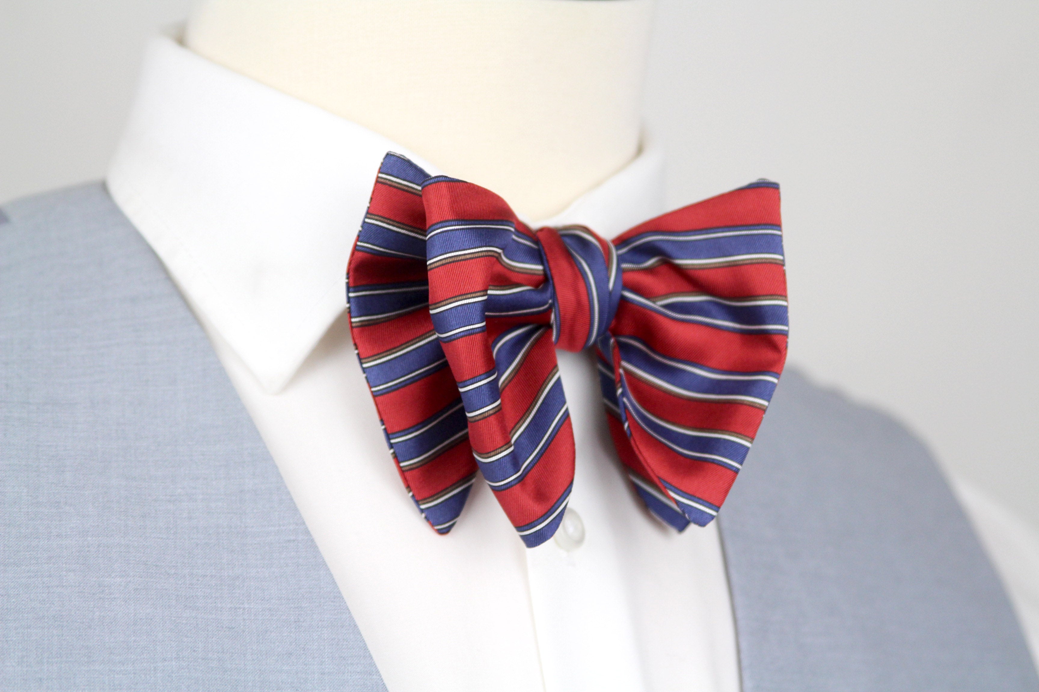 Men's Large Silk Bow Tie Red Blue Stripe