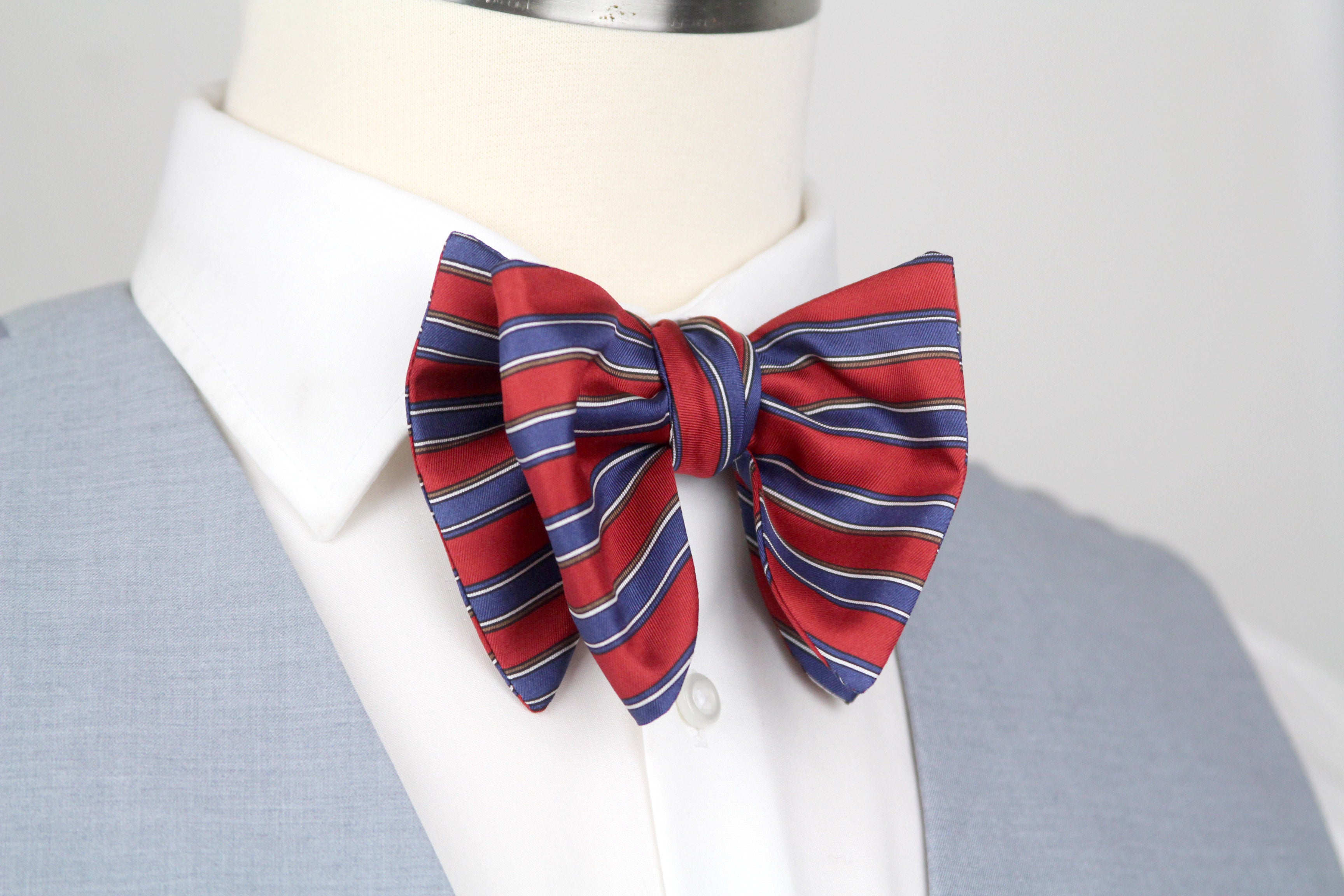 Men's Large Silk Bow Tie Red Blue Stripe