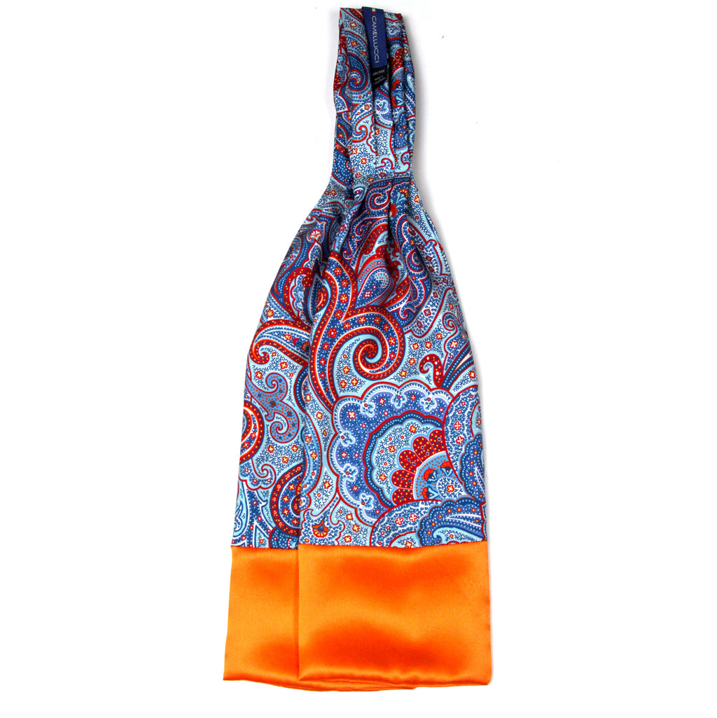 Men's Ascot Cravat LUXURY Blue Paisley Orange Block