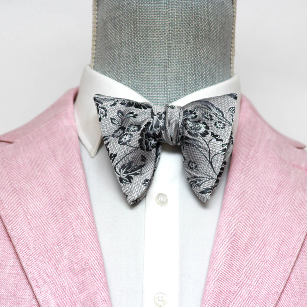 Floral Grey Big Butterfly Silk Bow Tie
