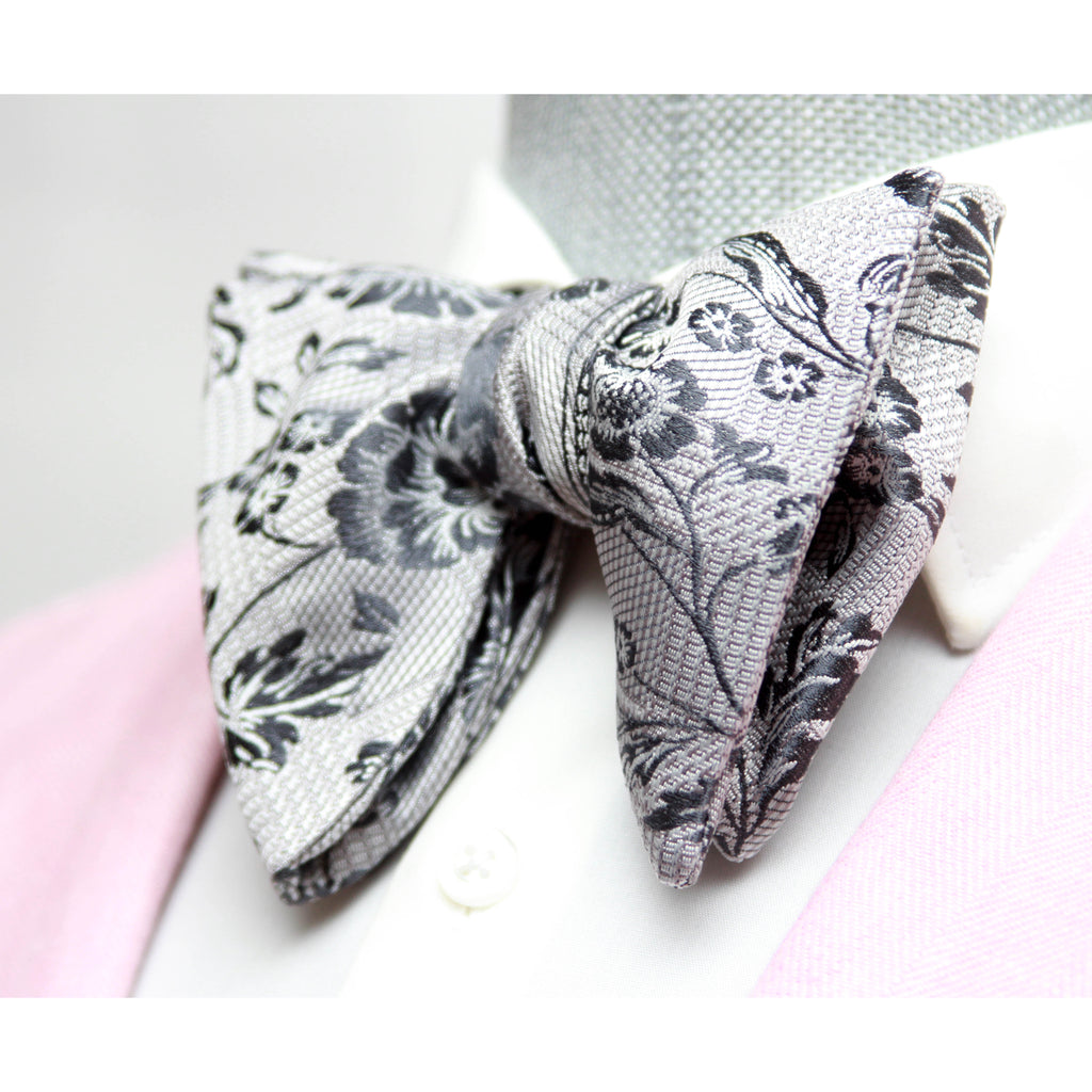 Floral Grey Big Butterfly Silk Bow Tie