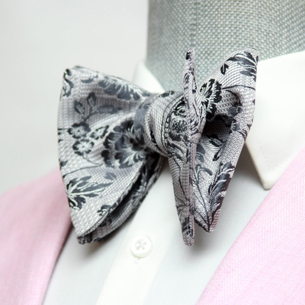 Floral Grey Big Butterfly Silk Bow Tie