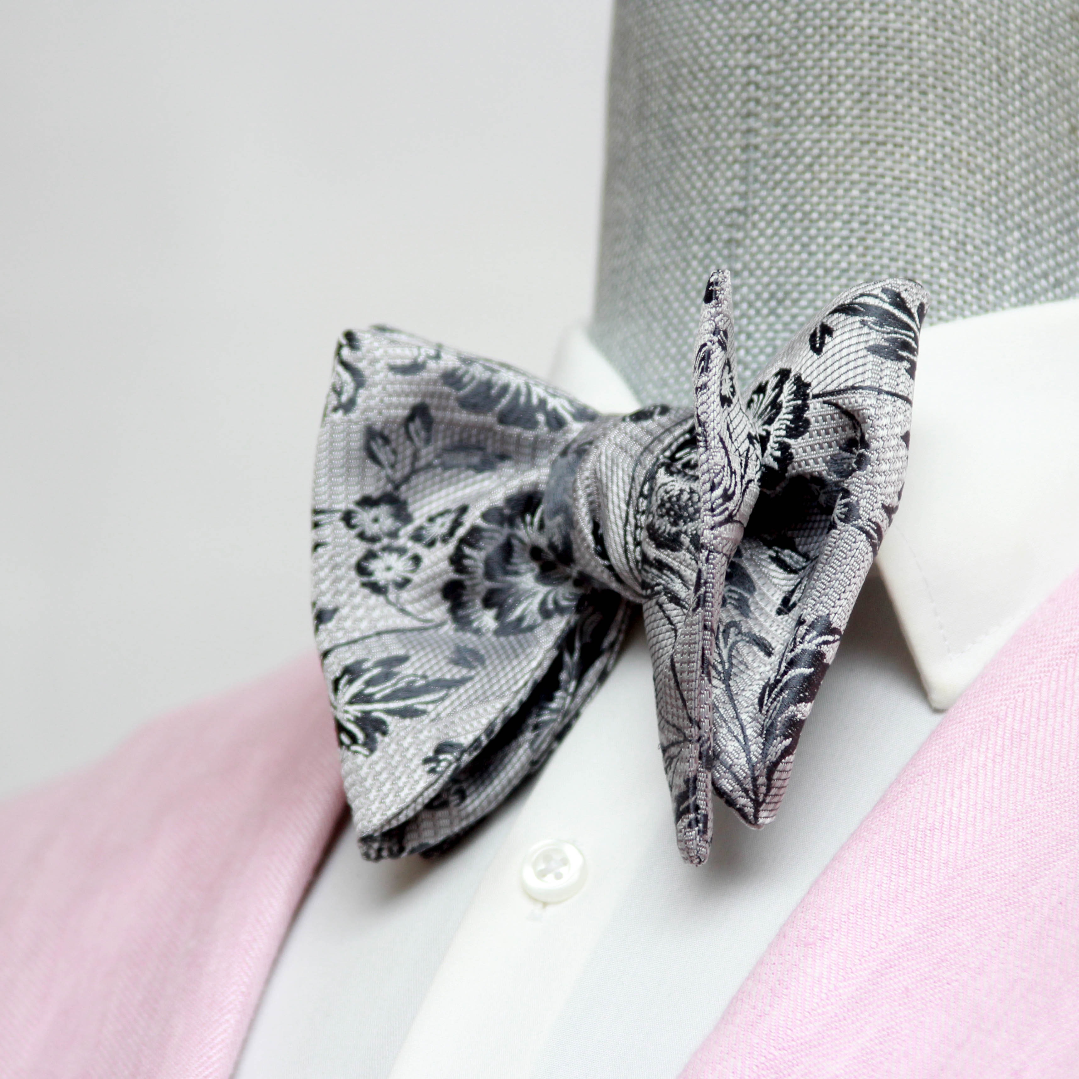 Floral Grey Big Butterfly Silk Bow Tie