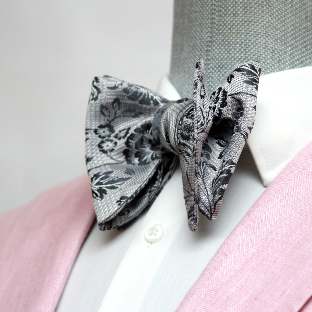 Floral Grey Big Butterfly Silk Bow Tie