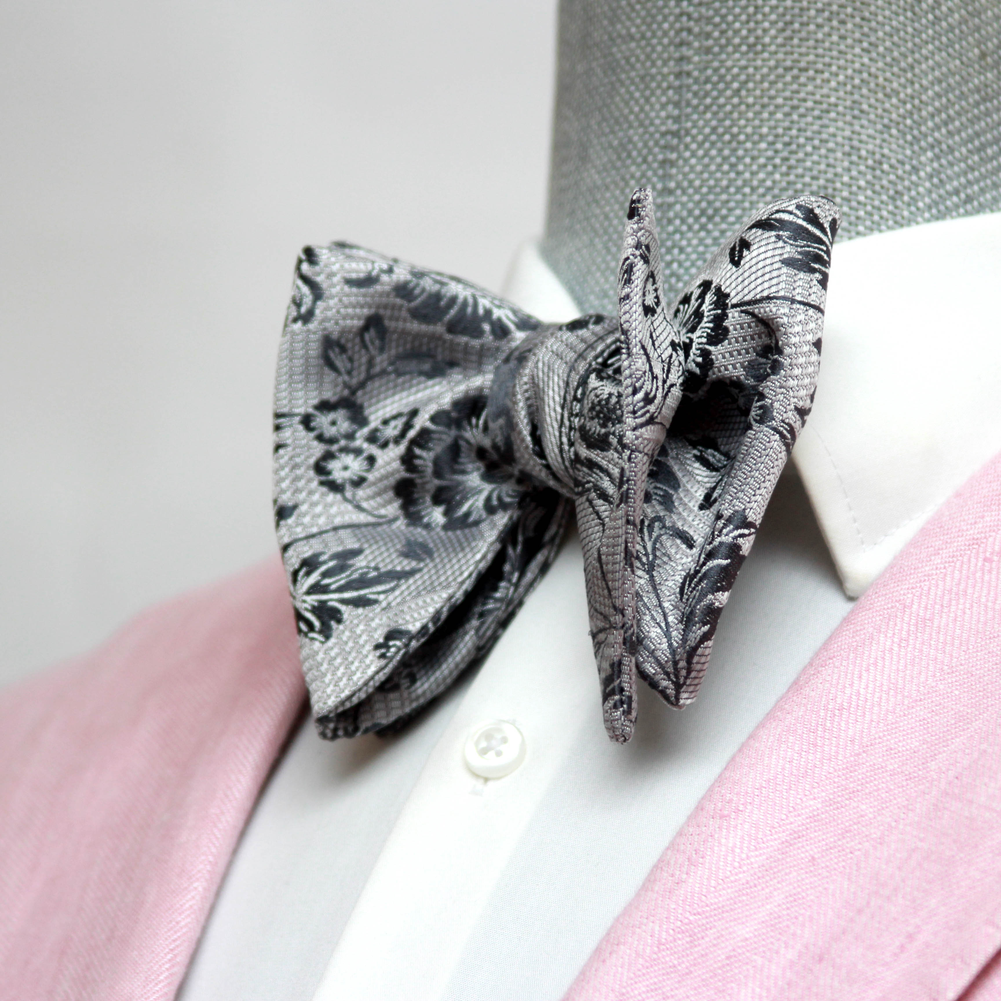 Floral Grey Big Butterfly Silk Bow Tie