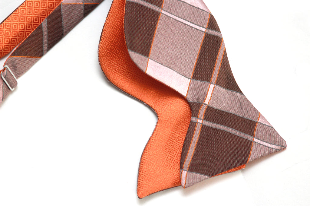 Big Butterfly Orange Mauve Plaid Silk Bow Tie