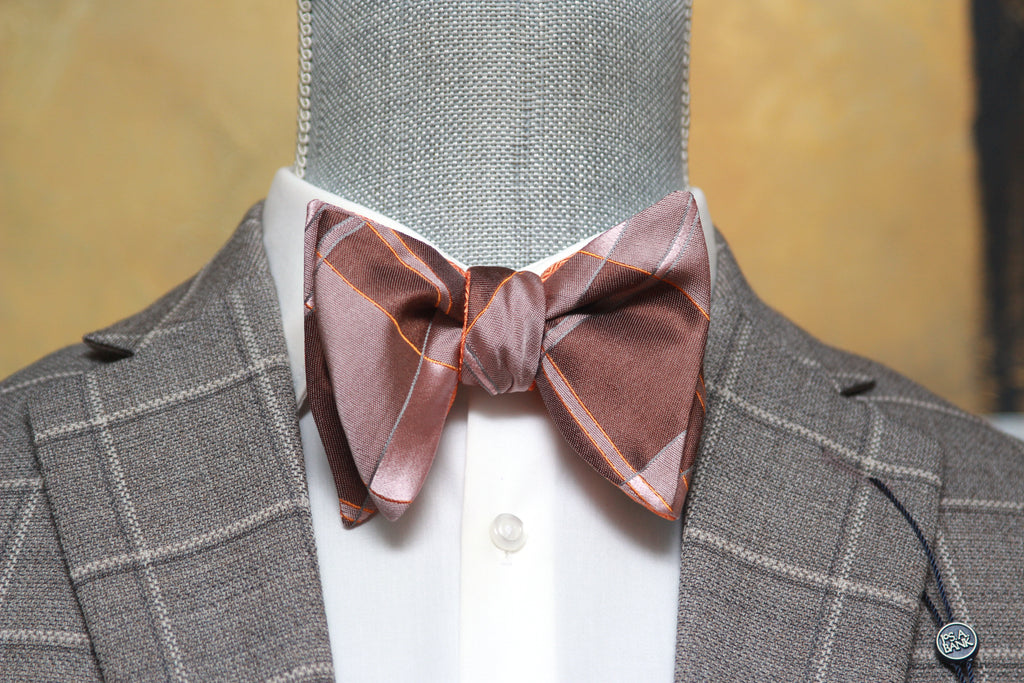Big Butterfly Orange Mauve Plaid Silk Bow Tie