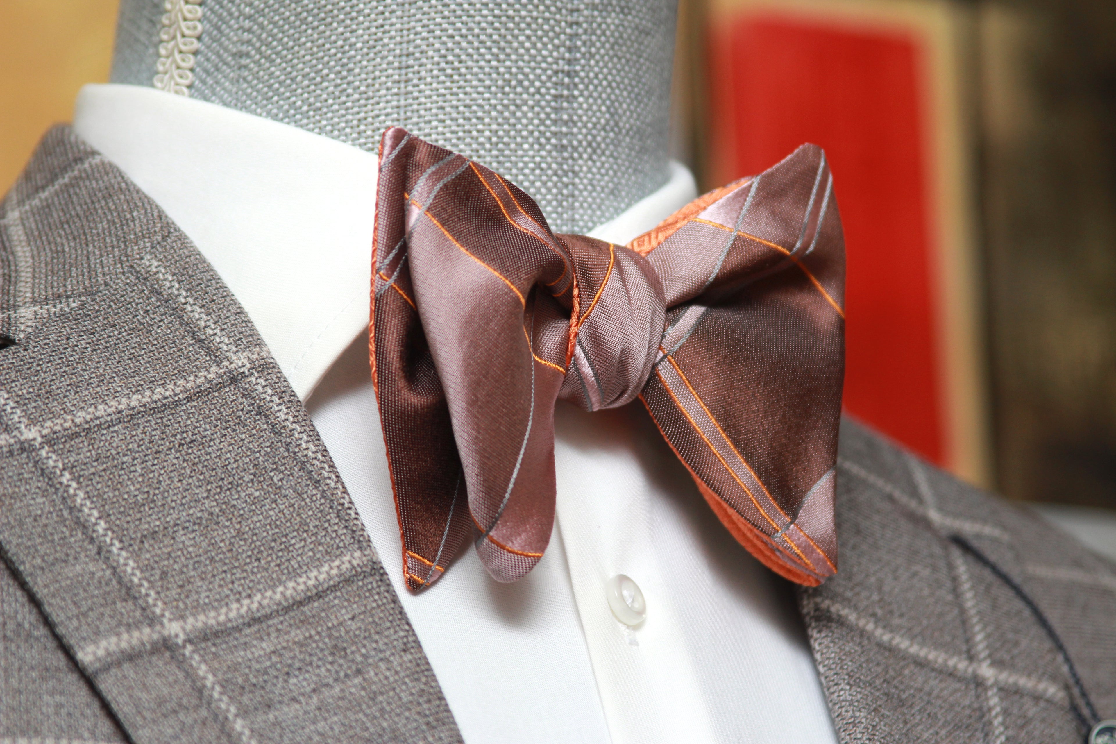 Big Butterfly Orange Mauve Plaid Silk Bow Tie