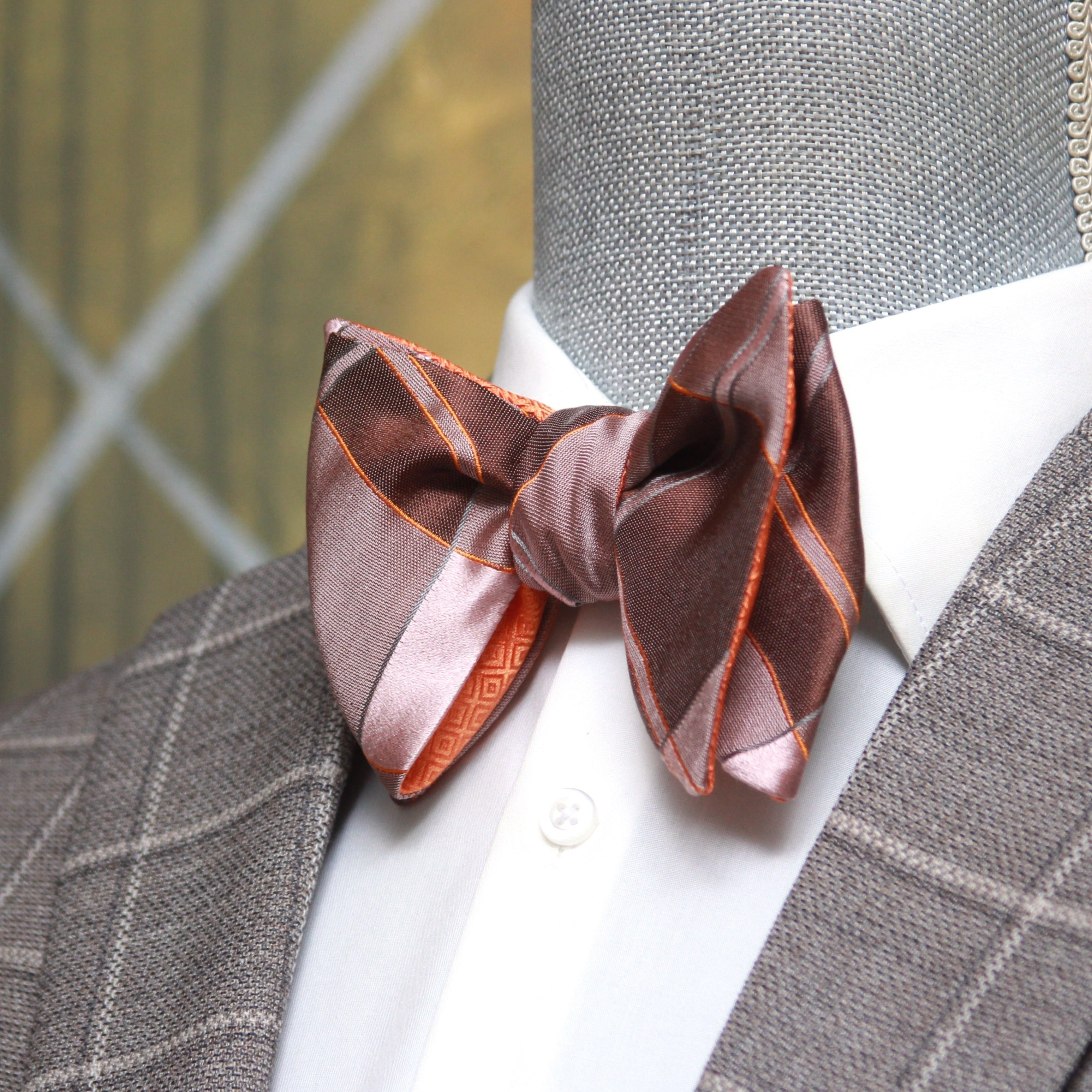 Big Butterfly Orange Mauve Plaid Silk Bow Tie