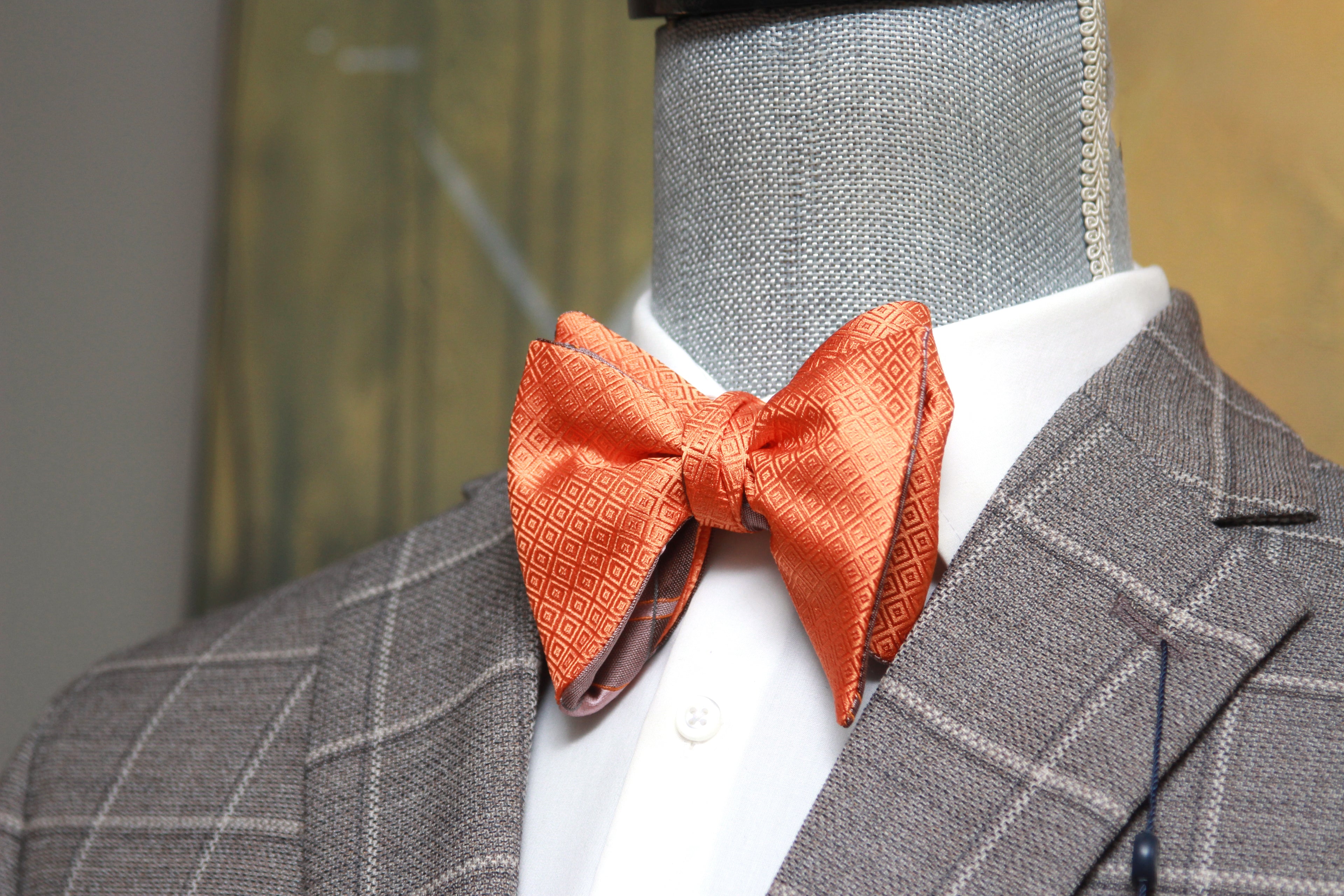 Big Butterfly Orange Mauve Plaid Silk Bow Tie