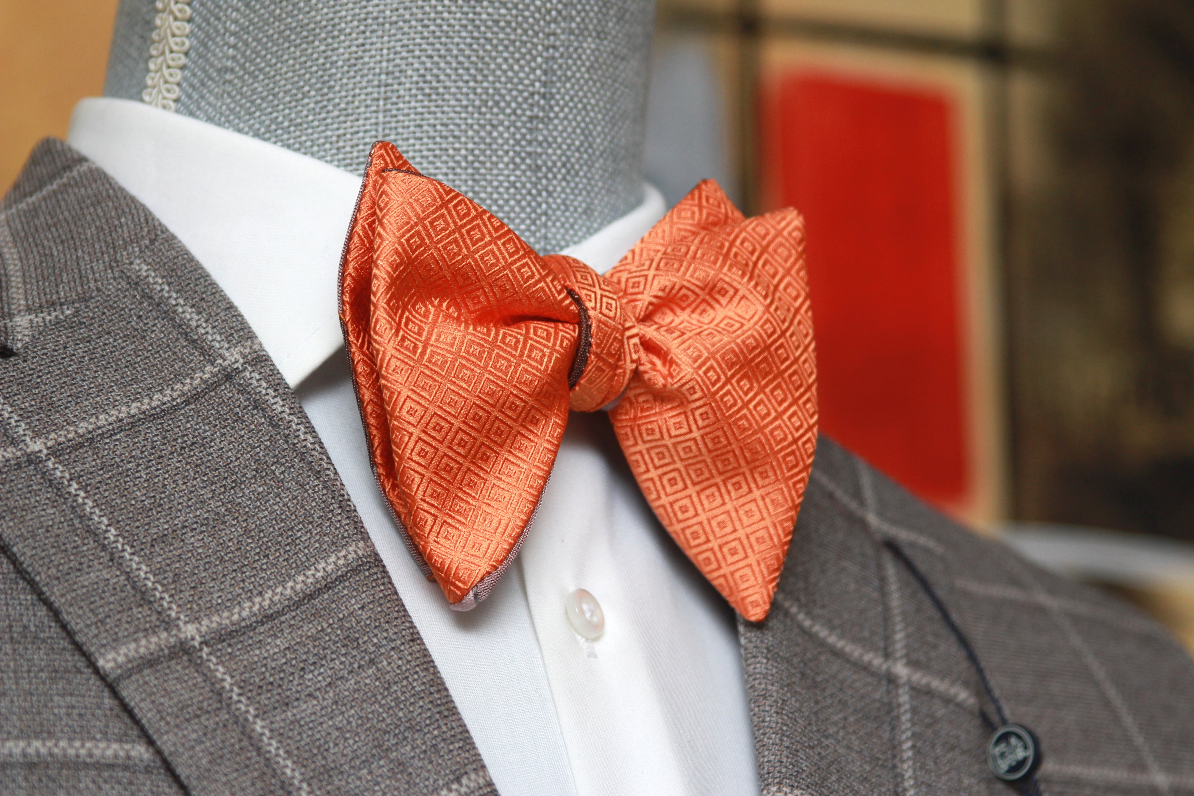 Big Butterfly Orange Mauve Plaid Silk Bow Tie
