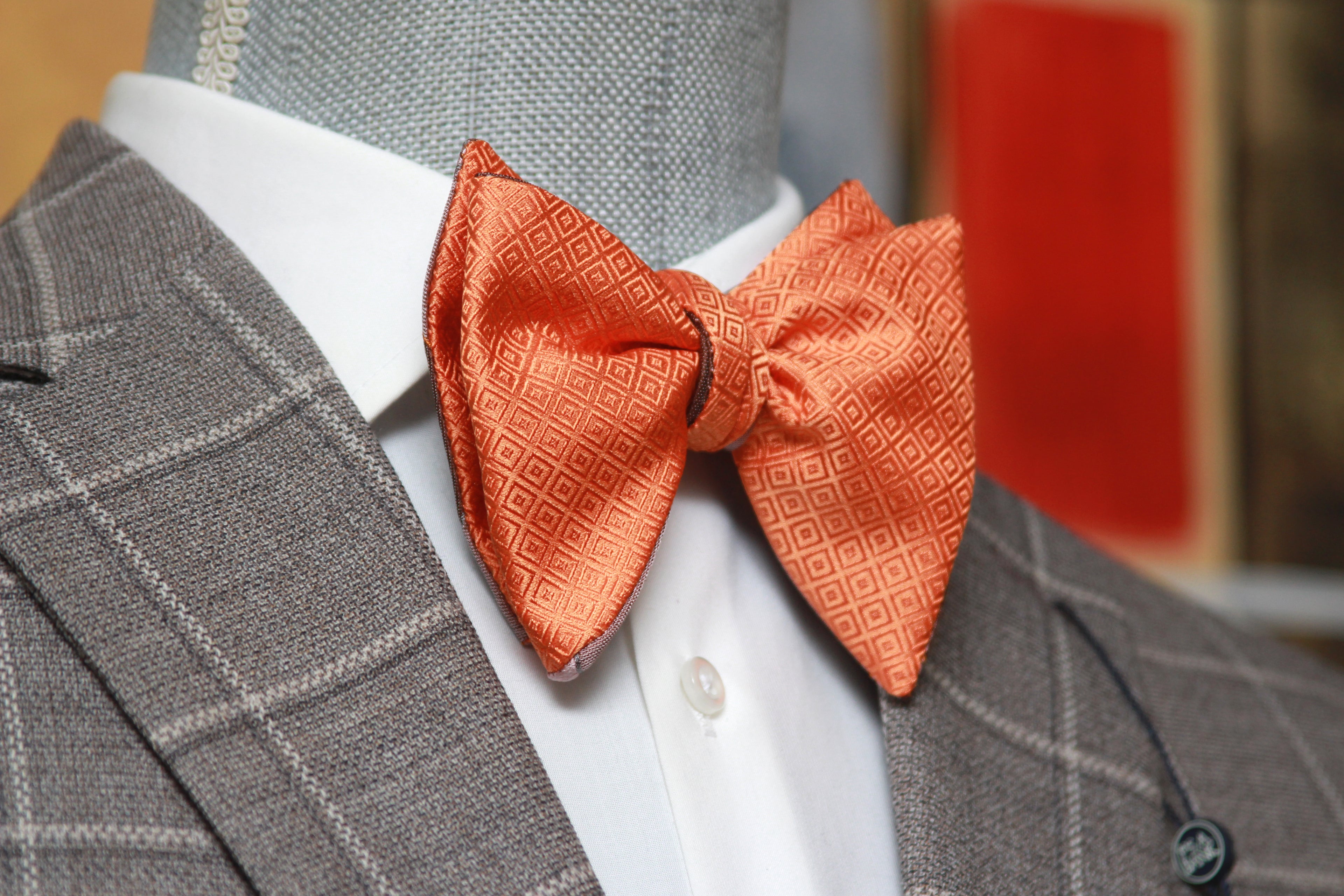 Big Butterfly Orange Mauve Plaid Silk Bow Tie