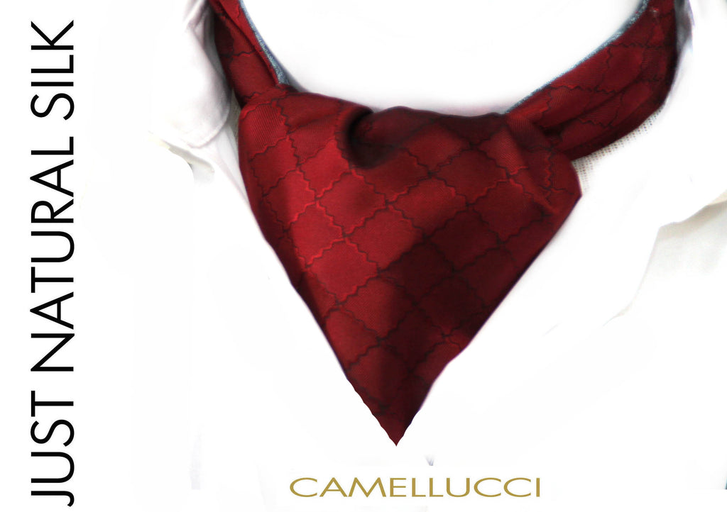 Red silk cravat on a white shirt with 'Camellucci' branding.