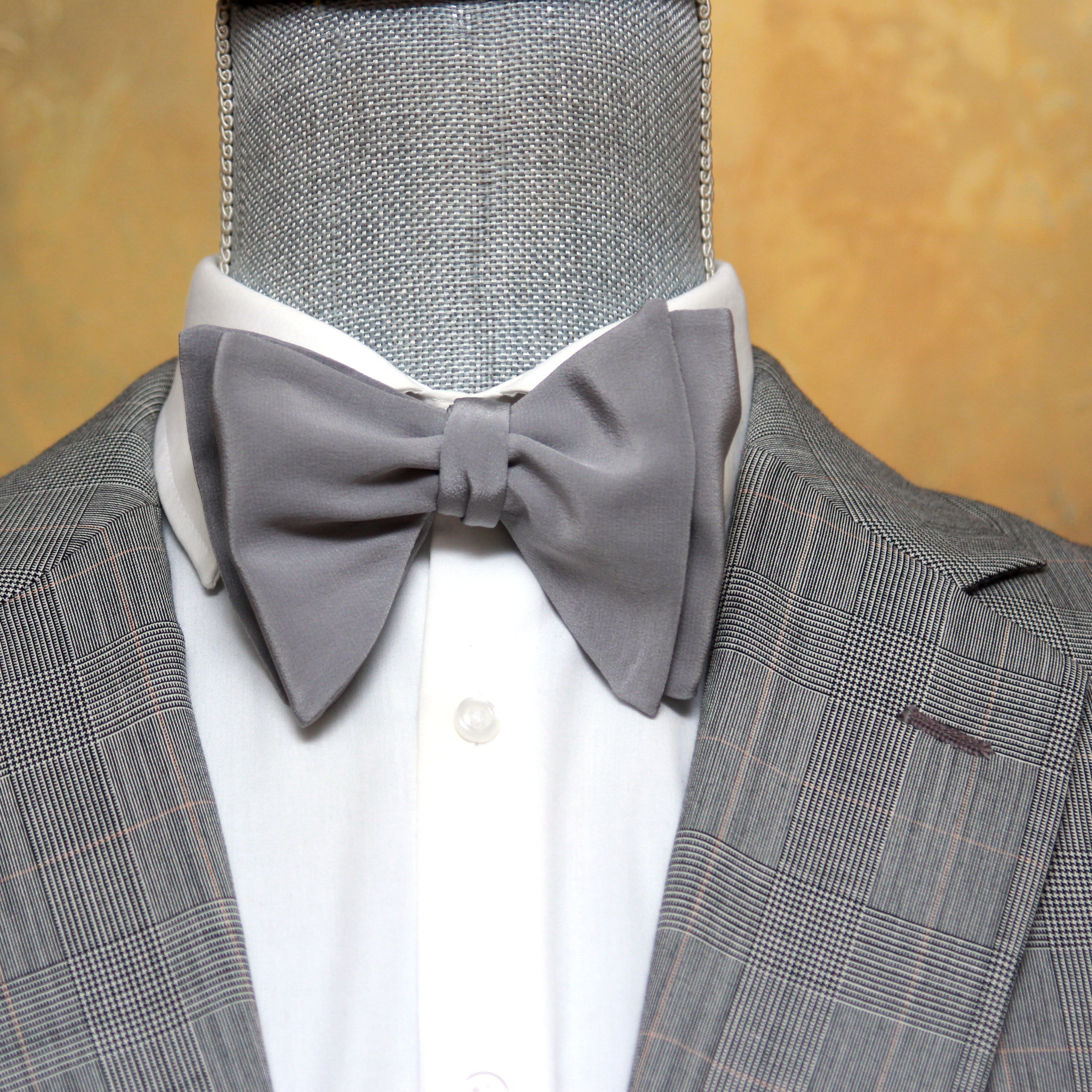 Solid Grey Silk Large Butterfly Self-Tie Bow Tie with grey jacket