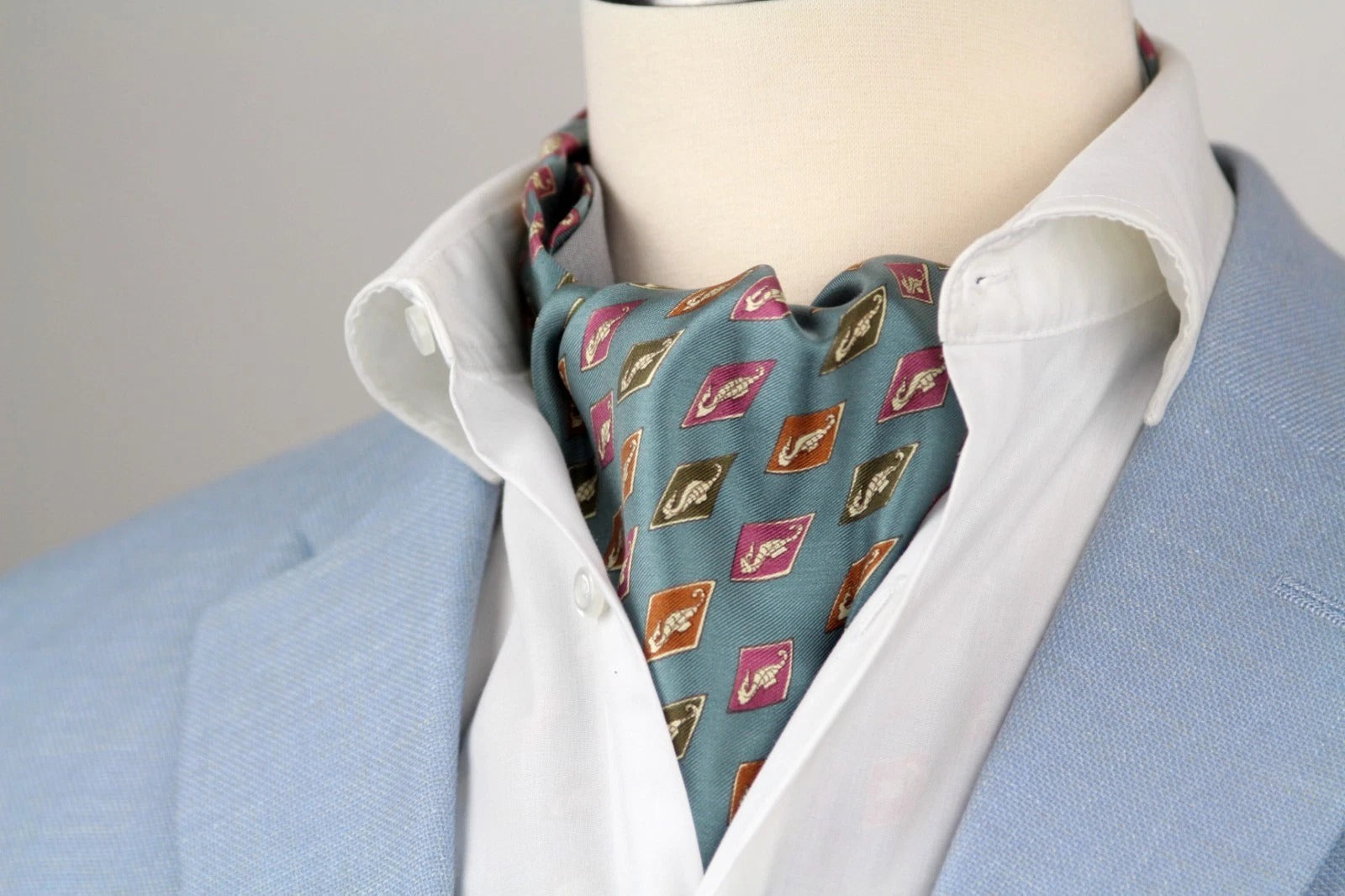 Men's Ascot Cravat Teal Blue Wool Silk