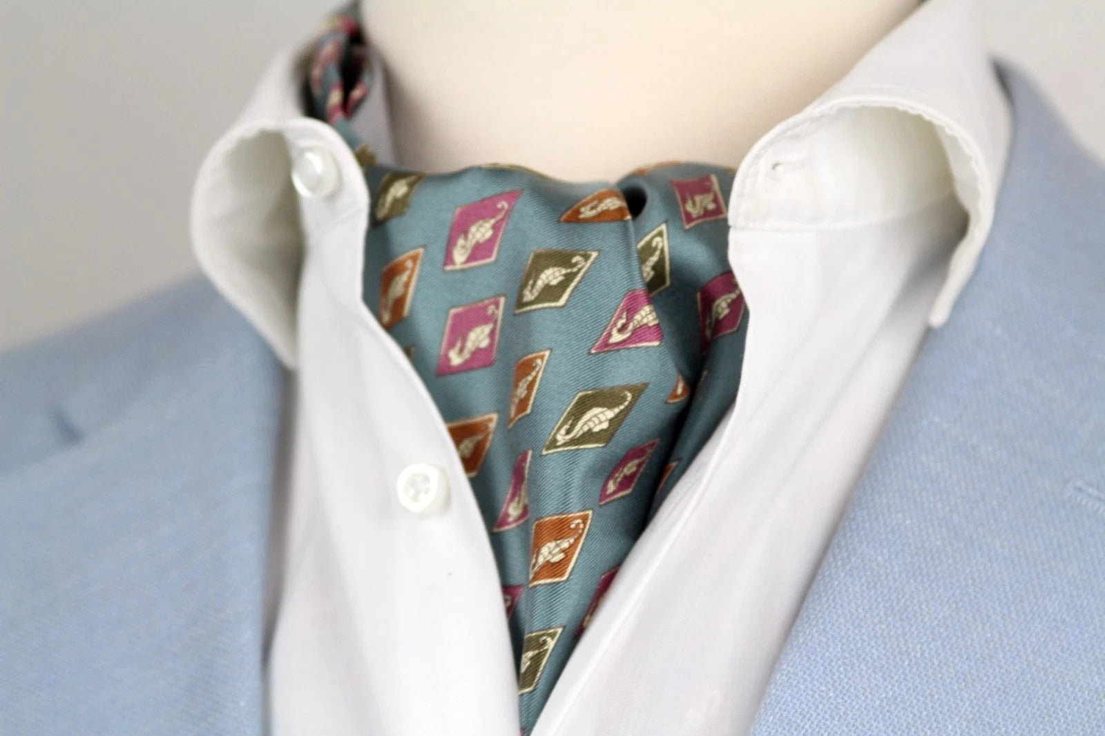 Men's Ascot Cravat Teal Blue Wool Silk