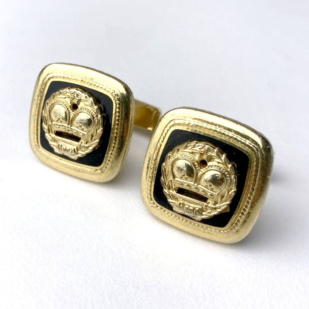 Vintage Men's Gold Tone Royal Crown Cufflinks Square Design Rare Formal Jewelry