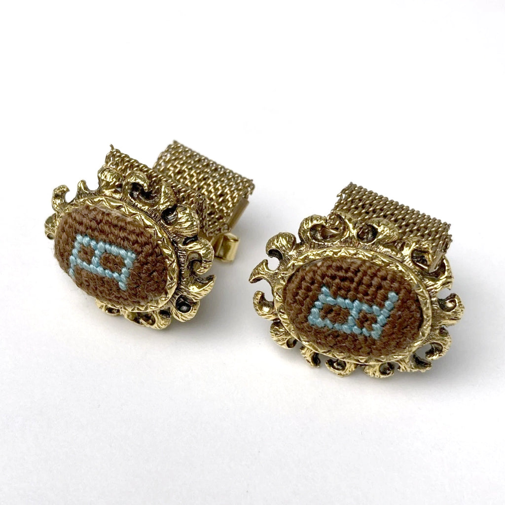 Vintage Mesh Wrap Shirt Gold Cufflinks Pat.2920363 fabric initial B