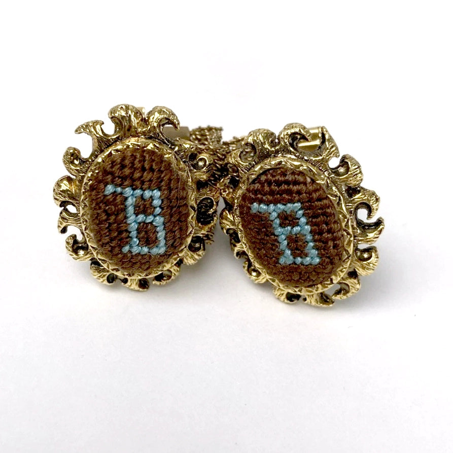 Vintage Mesh Wrap Shirt Gold Cufflinks Pat.2920363 fabric initial B