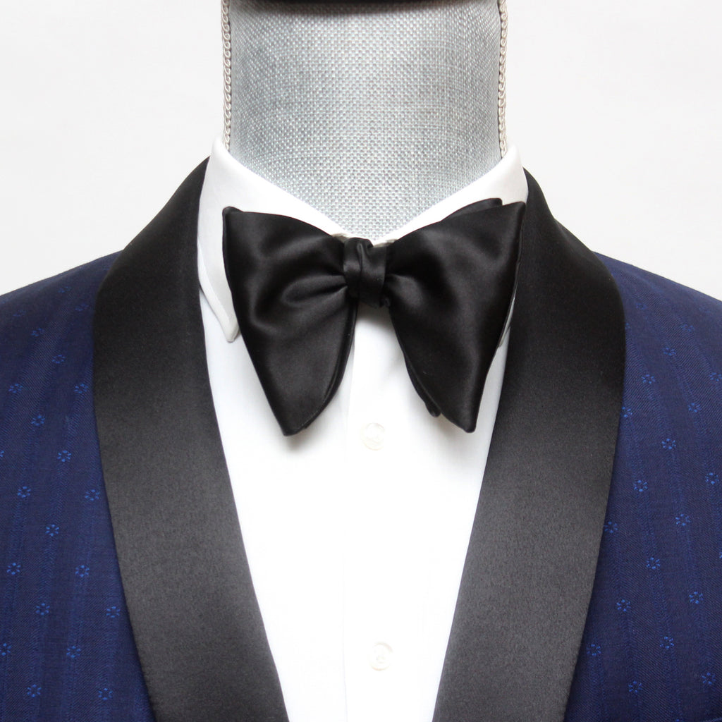 Black Men's Large Silk Bow Tie with blue tuxedo jacket