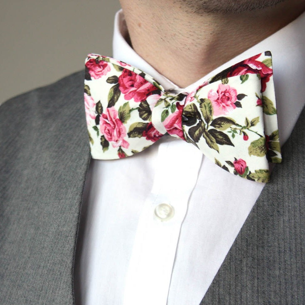 Pink Cotton Floral Self-Tie Bow Tie