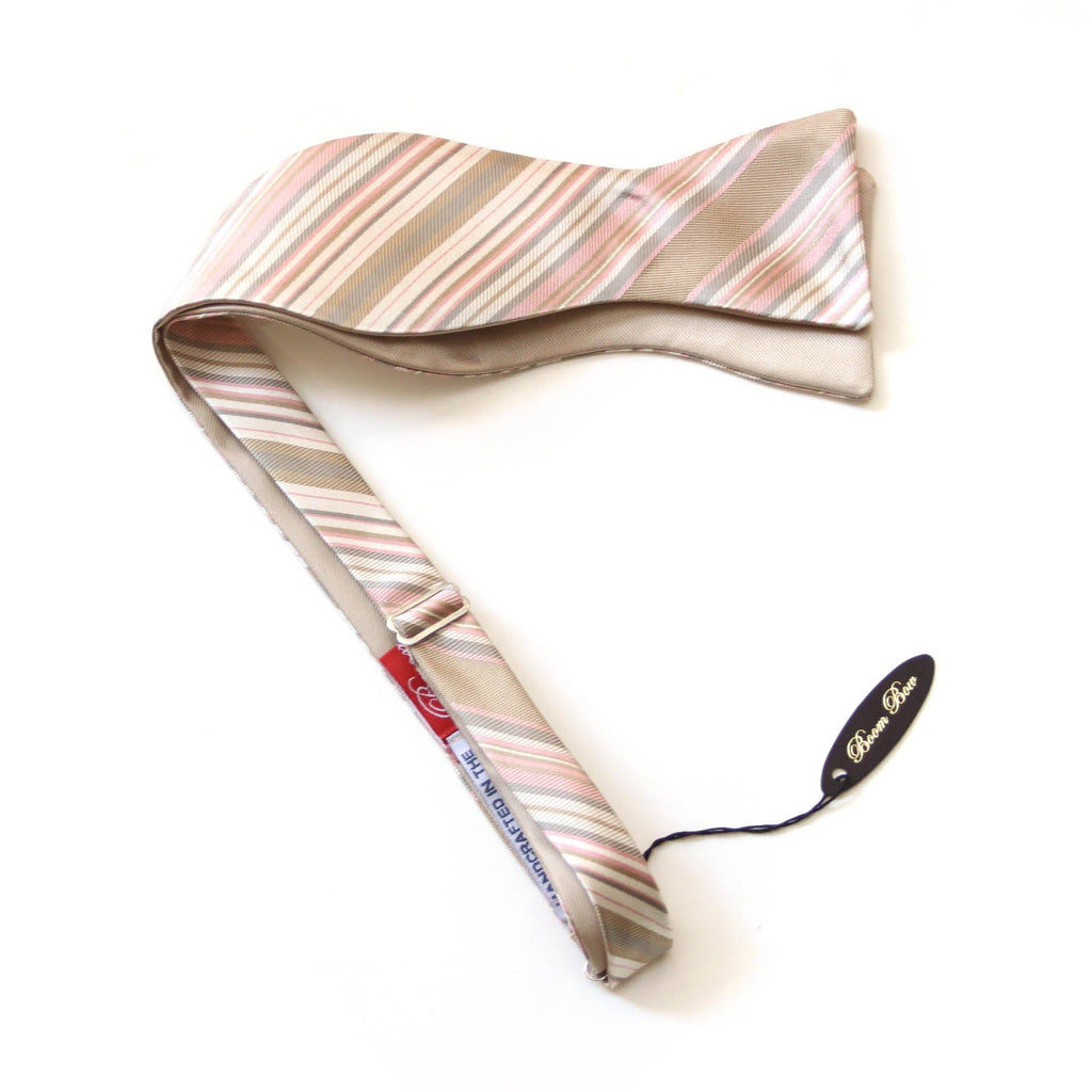 Champagne Striped Reversible Silk Self-Tie Bow Tie 