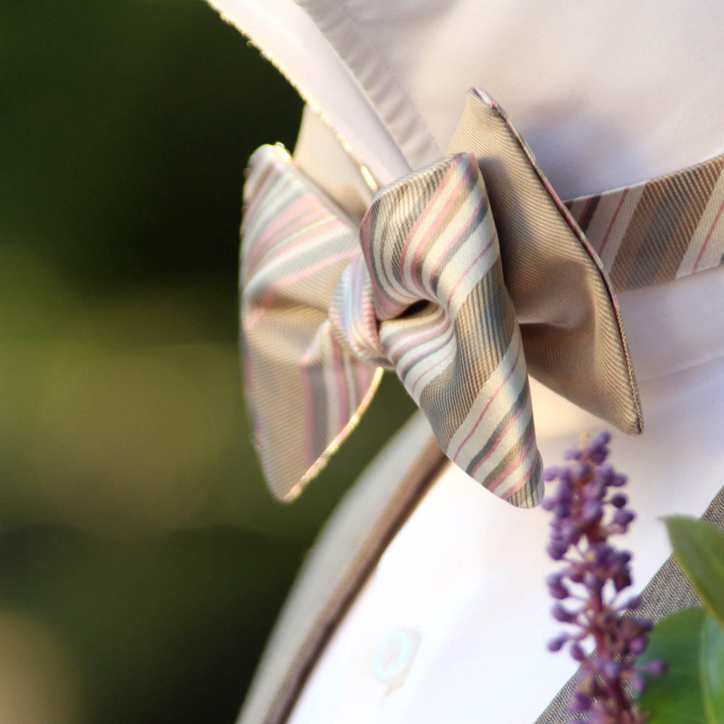 Champagne Striped Reversible Silk Self-Tie Bow Tie 
