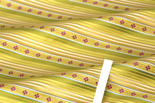Yellow Pistachio Green Stripe with Purple Embroidery Silk Fabric