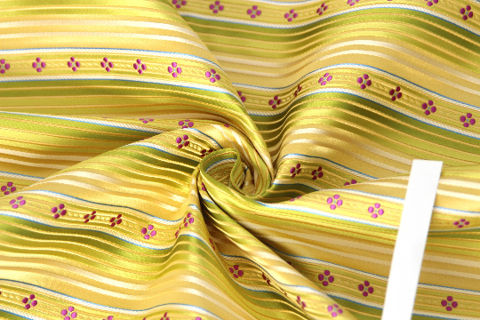 Yellow Pistachio Green Stripe with Purple Embroidery Silk Fabric