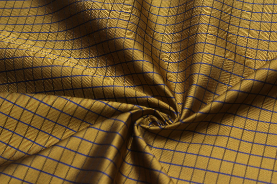 Gold Mustard Blue Plaid Silk Fabric