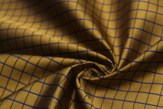 Gold Mustard Blue Plaid Silk Fabric