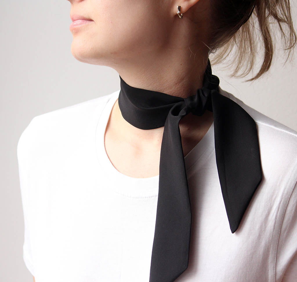 Black Solid Silk Skinny Scarf