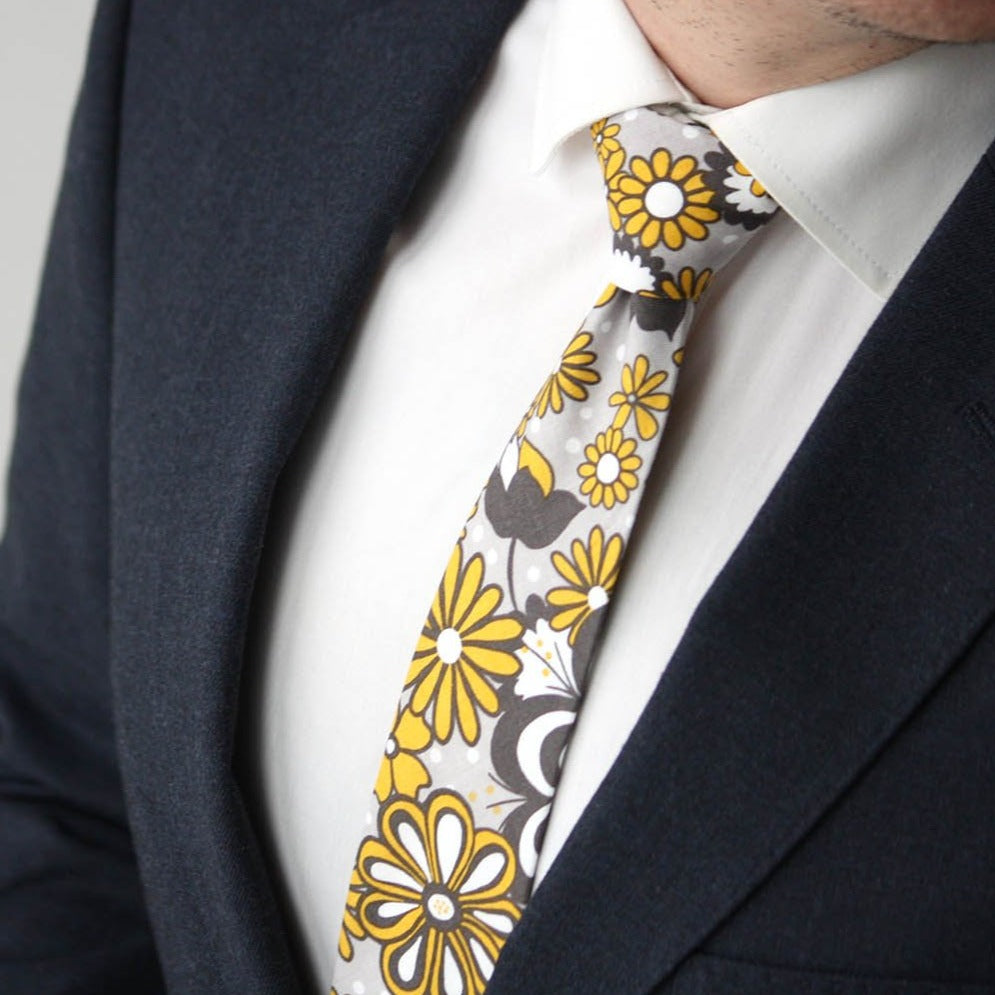 Yellow Grey Floral Necktie