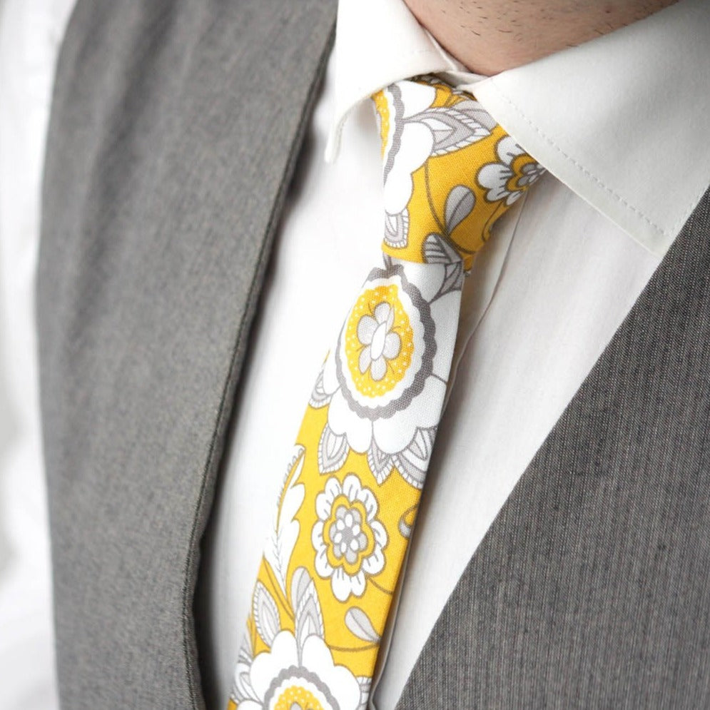 Yellow White Grey Floral Necktie