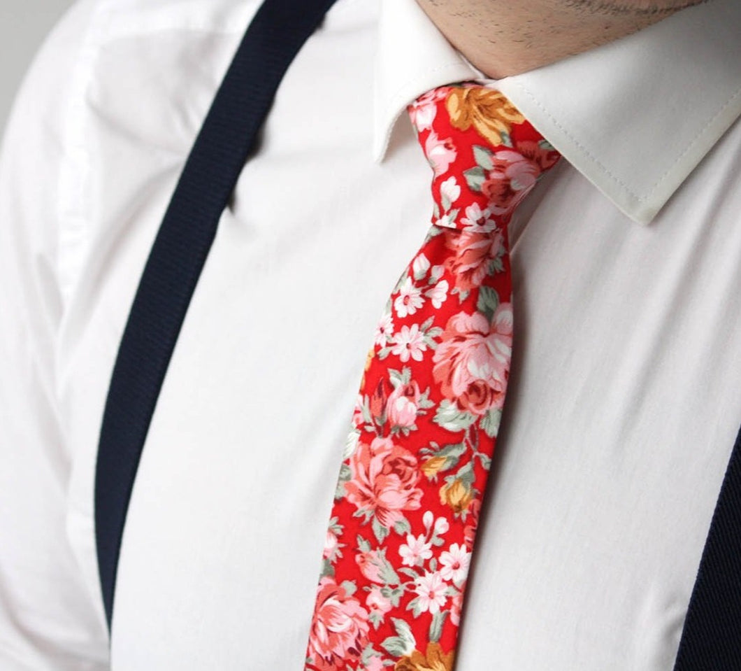 Red Peach Floral Cotton Necktie