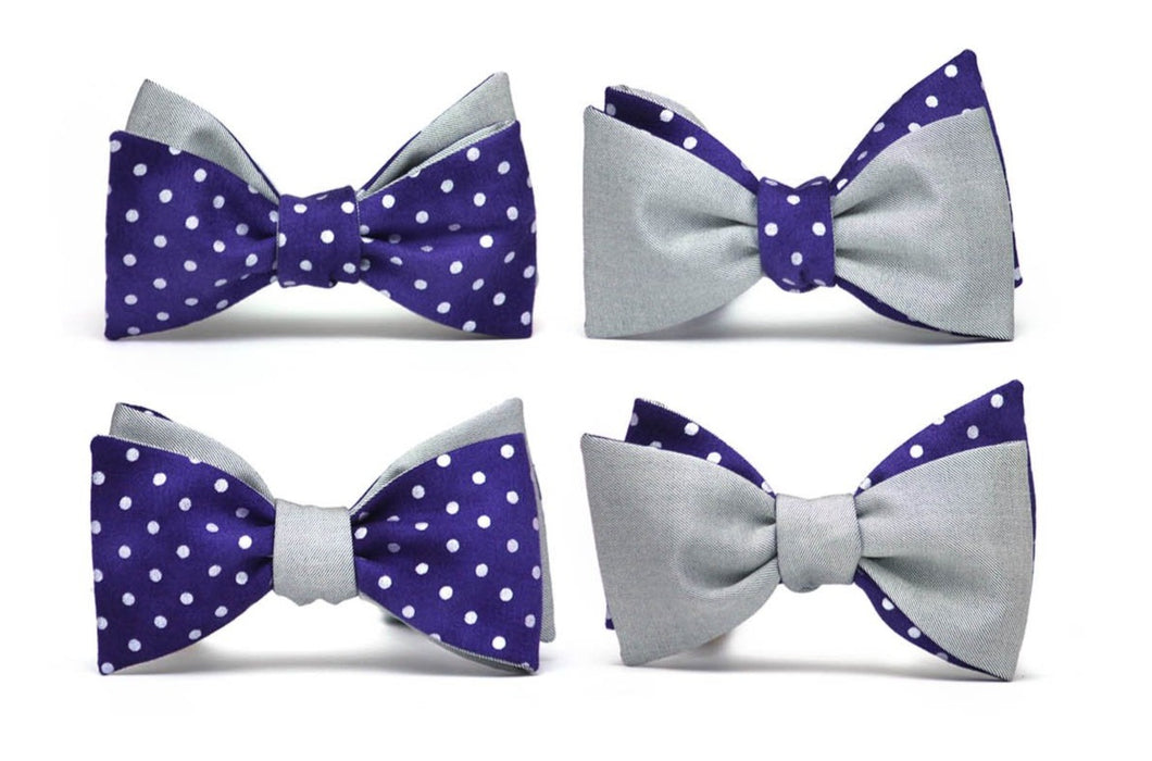 Purple Polka Dot Grey Solid Reversible Self-Tie Bow Tie