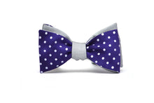Load image into Gallery viewer, Purple Polka Dot Grey Solid Reversible Self-Tie Bow Tie
