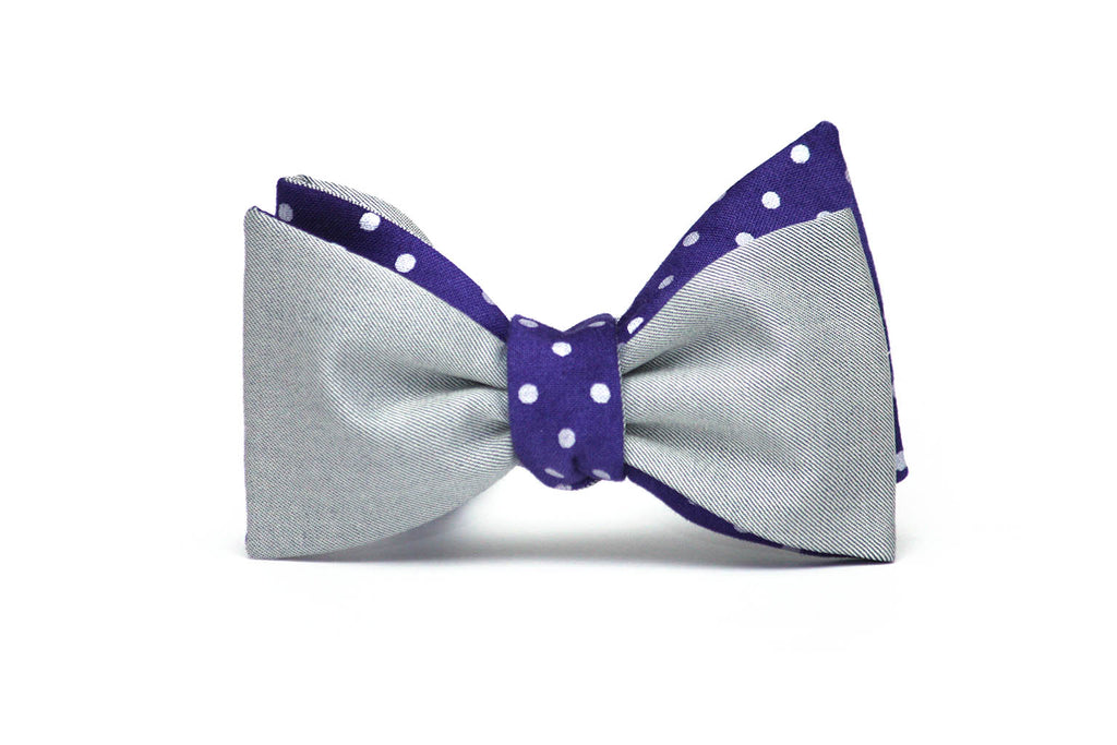 Purple Polka Dot Grey Solid Reversible Self-Tie Bow Tie