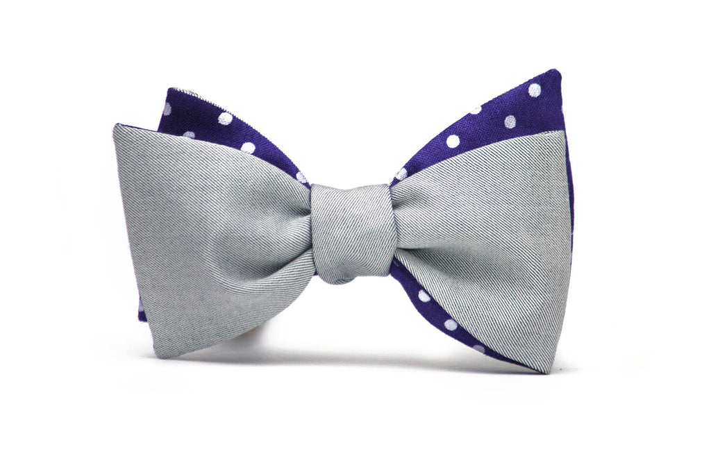 Purple Polka Dot Grey Solid Reversible Self-Tie Bow Tie