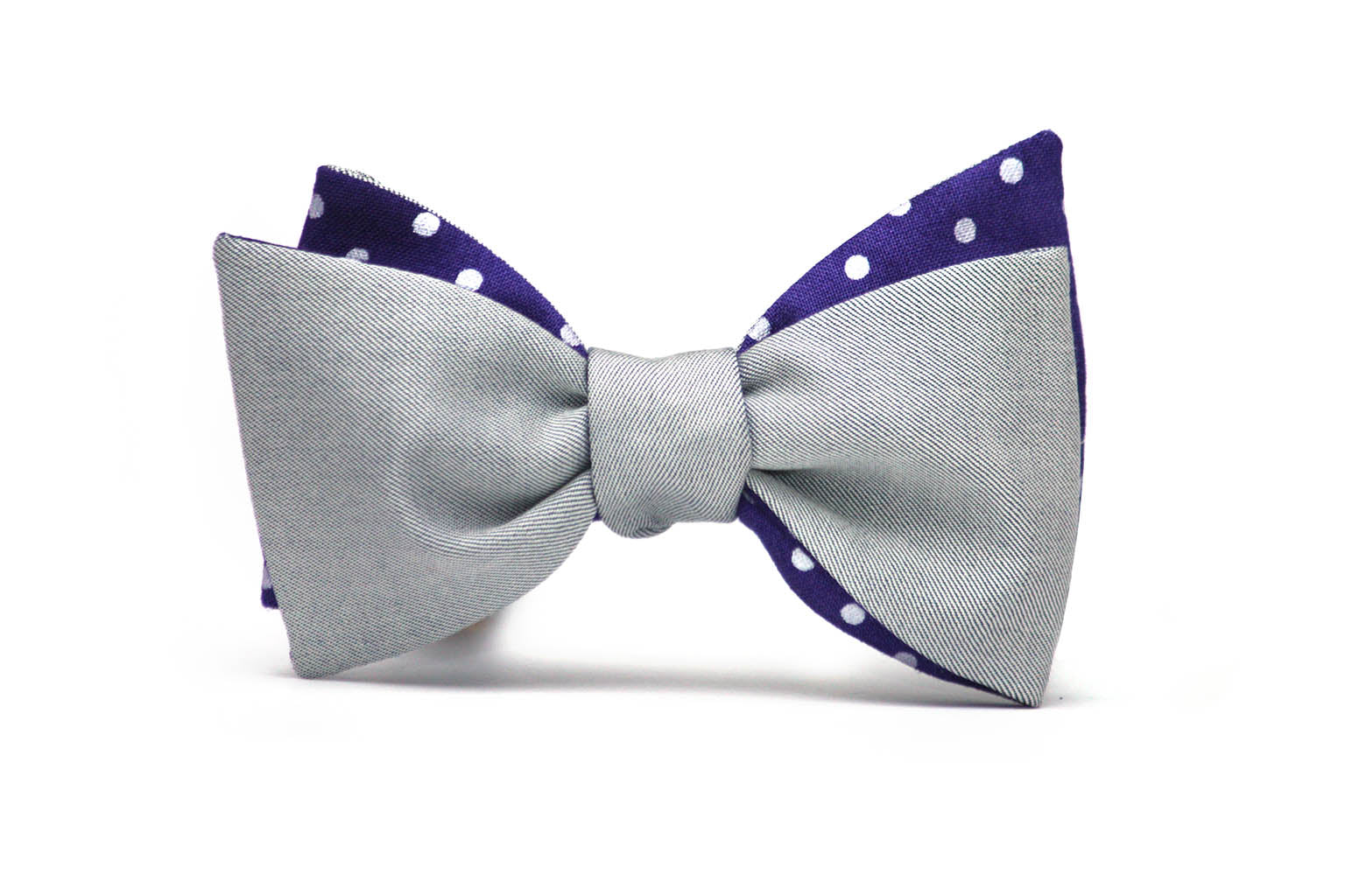 Purple Polka Dot Grey Solid Reversible Self-Tie Bow Tie