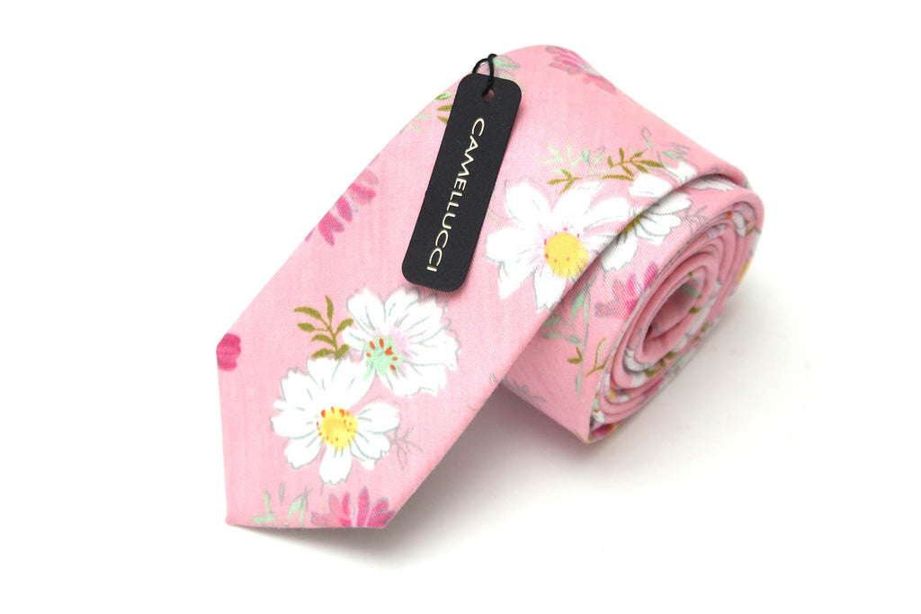 White Pink Floral Necktie 2.36"