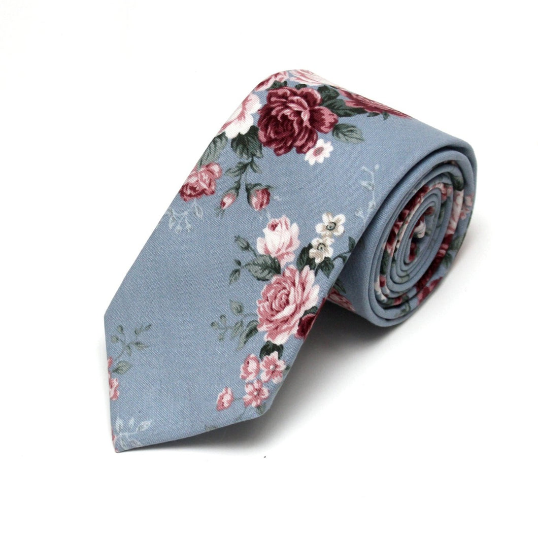 Dusty Blue Maroon Floral Necktie