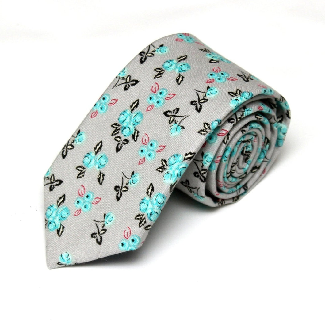 Grey Teal Floral Necktie
