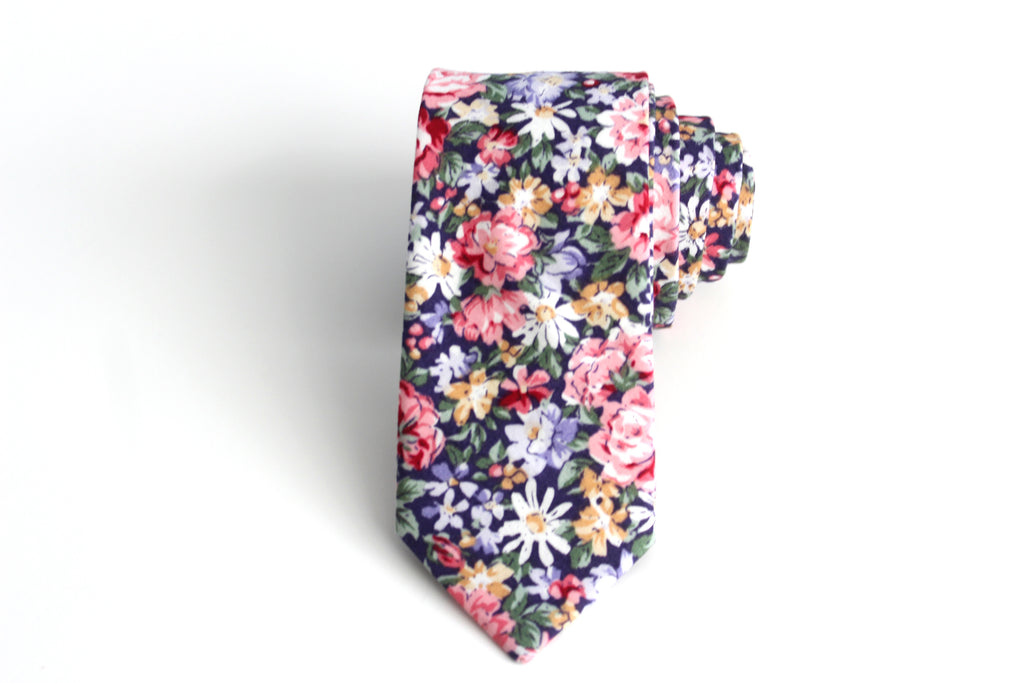 Navy Pink Floral Necktie 2.36"