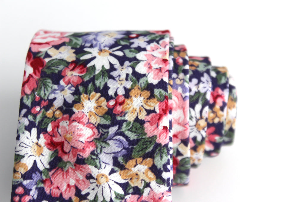 Navy Pink Floral Necktie 2.36"