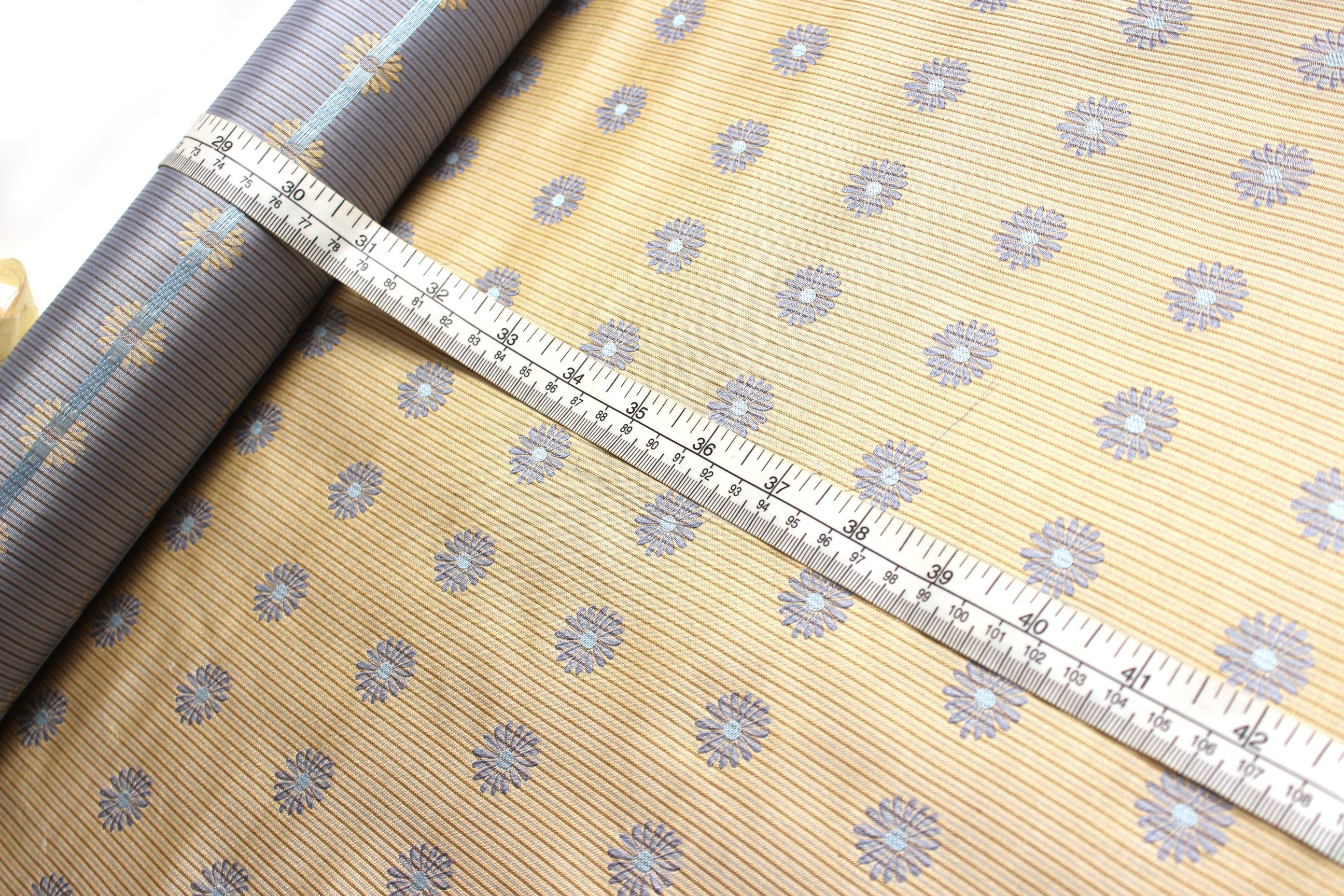 Beige with Blue Flowers Embroidery Silk Fabric